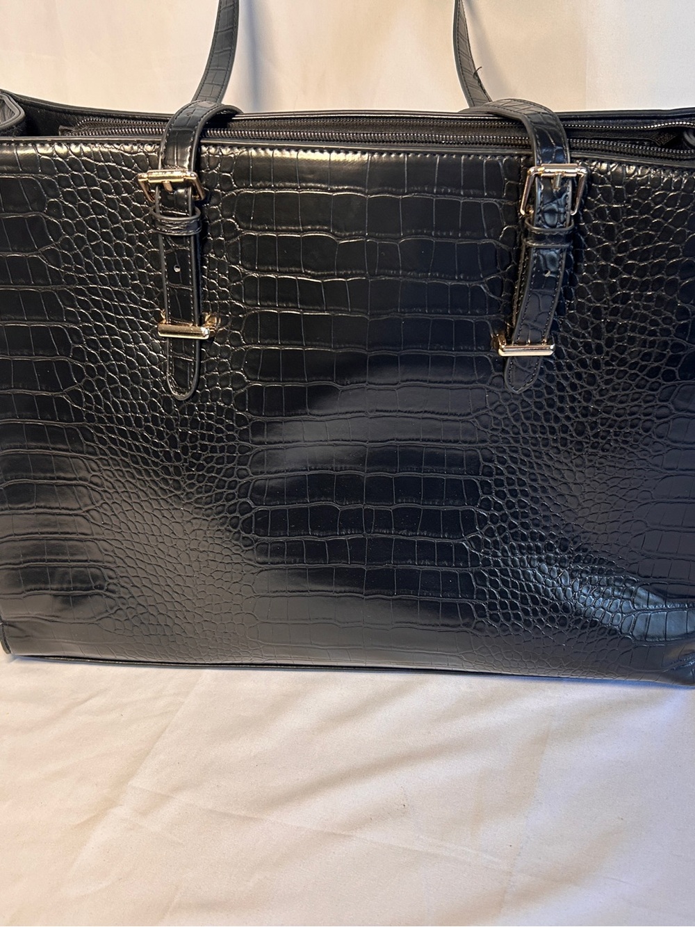 Black Croc Embossed Laptop Tote Bag | Faux Leather Work Business Bag